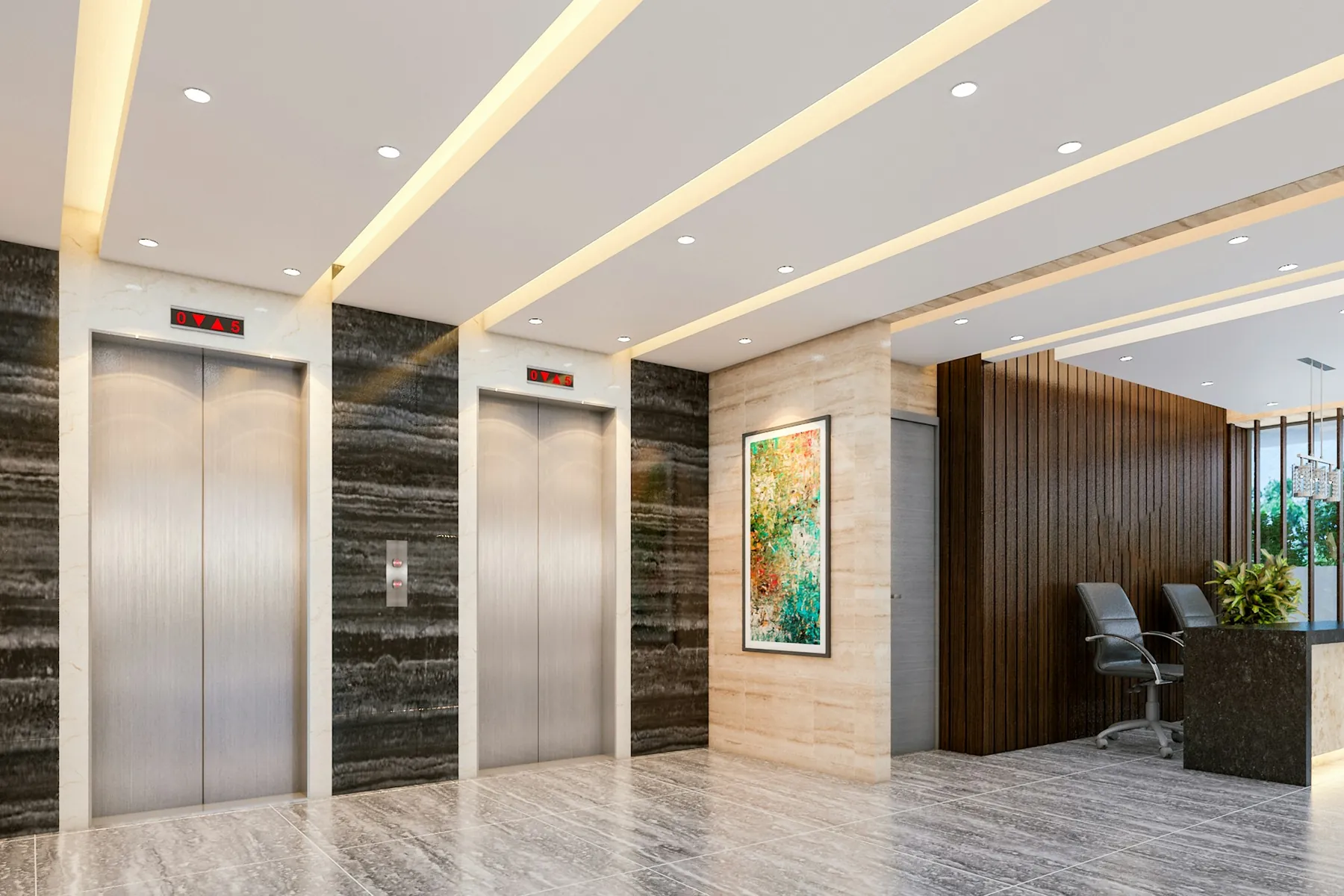 A quiet lobby, lift doors along one wall and a reception desk at the end.